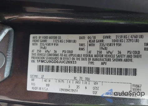 2018 Ford Escape Se из США, поврежденный, VIN 1FMCU9GD0JUC26933